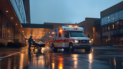 ambulance parked outside hospital emergency entrance at dusk, with paramedic preparing stretcher. scene conveys urgency and care in medical environment