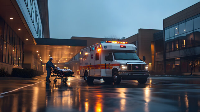 ambulance parked outside hospital emergency entrance at dusk, with paramedic preparing stretcher. scene conveys urgency and care in medical environment - Powered by Adobe