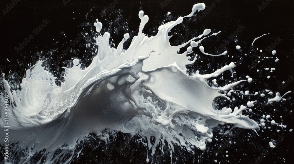 Poster abstract white splash with fluid, organic spikes, capturing the essence of energy and motion in a sm