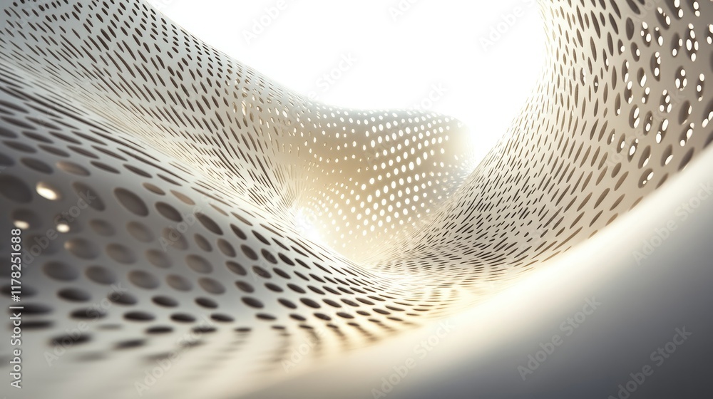 Poster An abstract curved structure with intricate perforated patterns, bathed in soft light on a minimalist backdrop, creating a modern and artistic feel