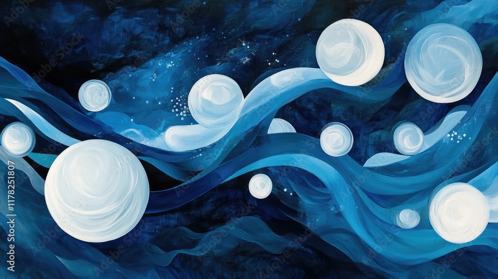 Poster An abstract fluid blue design with suspended white spheres, creating a balanced and serene visual, full of grace and tranquility
