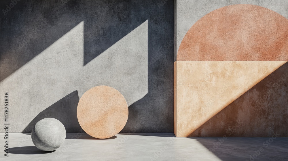 Aufkleber An abstract minimalist scene with geometric forms on a concrete background, the shadows creating striking visual contrast and emphasizing clean lines and simplicity