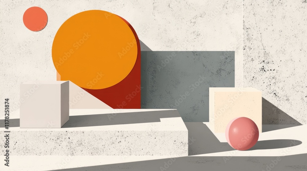 Poster An abstract minimalist scene with geometric forms on a concrete background, the shadows creating striking visual contrast and emphasizing clean lines and simplicity