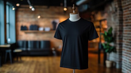 Obraz premium Black T-Shirt on Mannequin in Rustic Store Setting