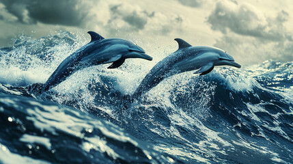 Fototapeta premium A pair of dolphins leaping through the ocean, with their bodies blending into abstract waves and splashes, symbolizing freedom and joy in the wild. 