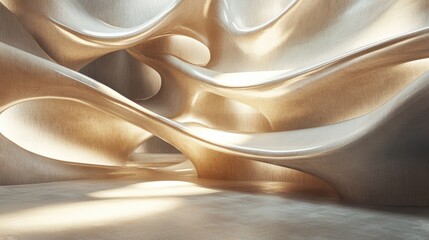An artistic interior with sculptural waves bathed in sunlight, casting creative light patterns that enhance the modern, fluid design of the space
