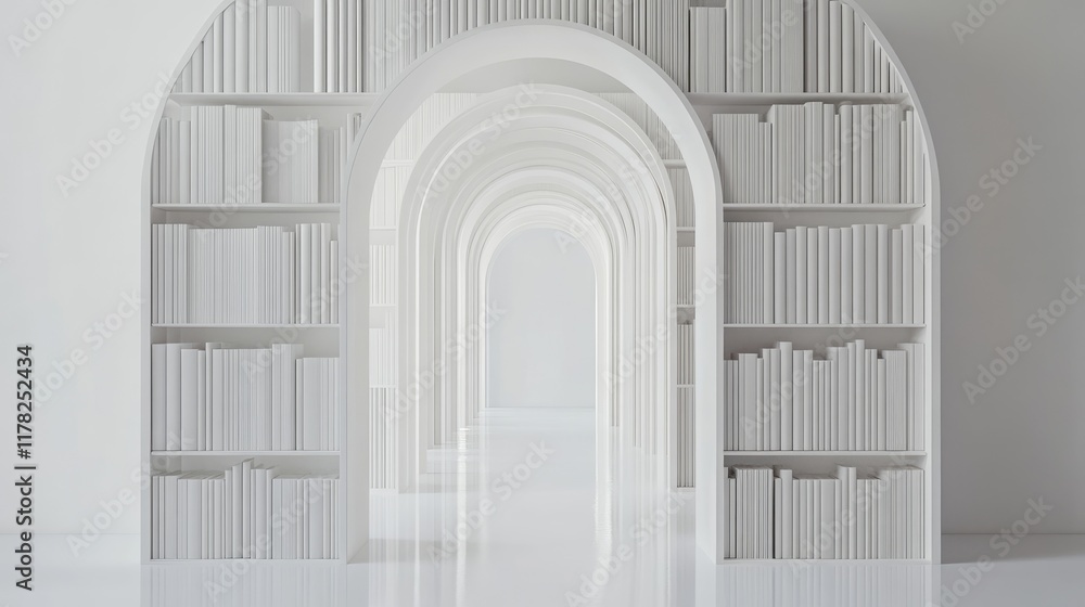 Poster An imaginative composition with open books arranged in an arch on a white background, reflecting creativity, wisdom, and elegance in a minimalist approach