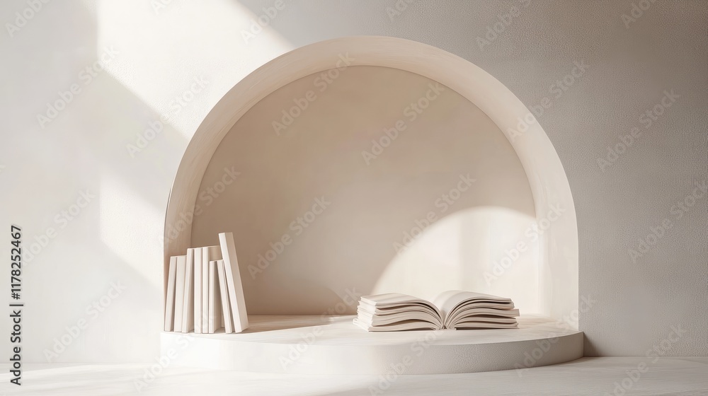 Poster an imaginative composition with open books arranged in an arch on a white background, reflecting cre