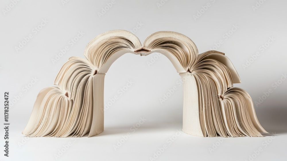 Poster an imaginative composition with open books arranged in an arch on a white background, reflecting cre