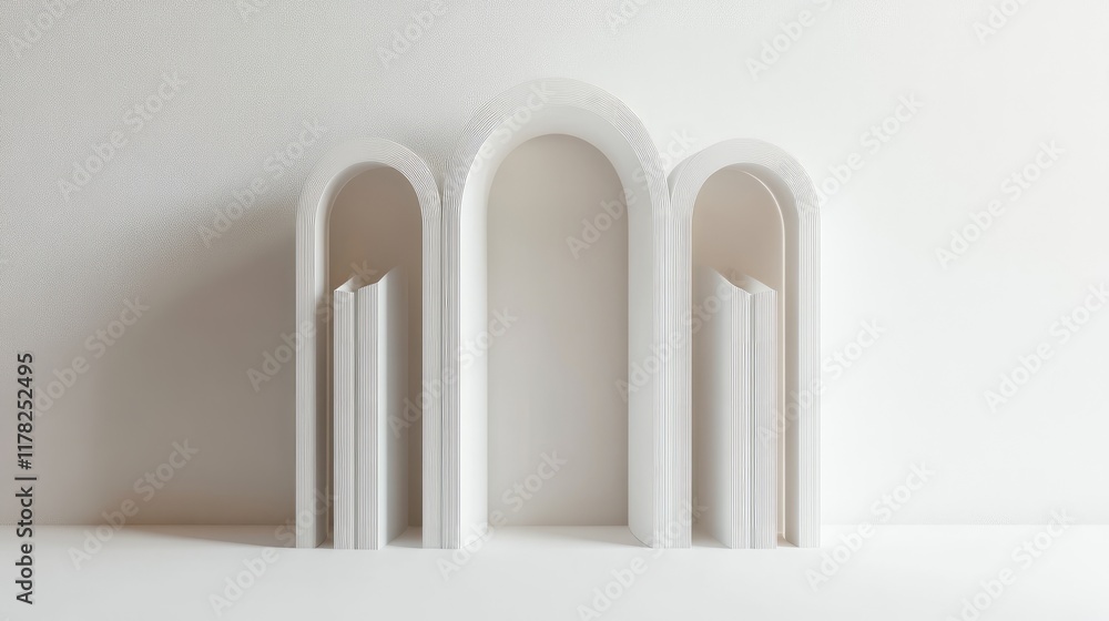 Poster an imaginative composition with open books arranged in an arch on a white background, reflecting cre