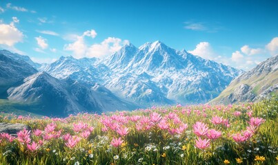Alpine meadow wildflowers, mountain vista, sunny day, scenic backdrop, travel