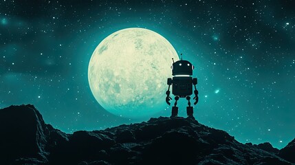 Obraz premium Robot stands on a rocky outcrop under a large moon and starry sky
