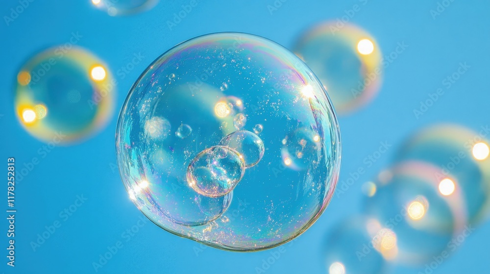 Poster Beautifully floating transparent soap bubbles on a light blue background, each capturing the soft reflections and light patterns of a calm day