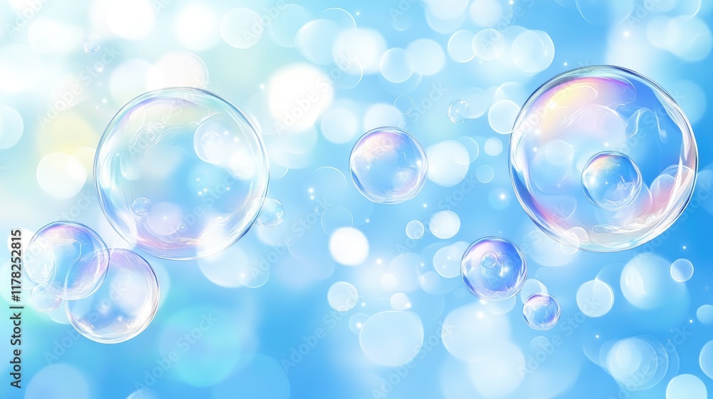 Poster Beautifully floating transparent soap bubbles on a light blue background, each capturing the soft reflections and light patterns of a calm day