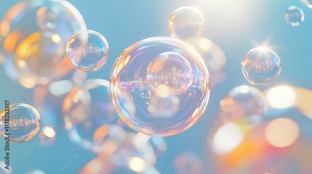 Poster Beautifully floating transparent soap bubbles on a light blue background, each capturing the soft reflections and light patterns of a calm day