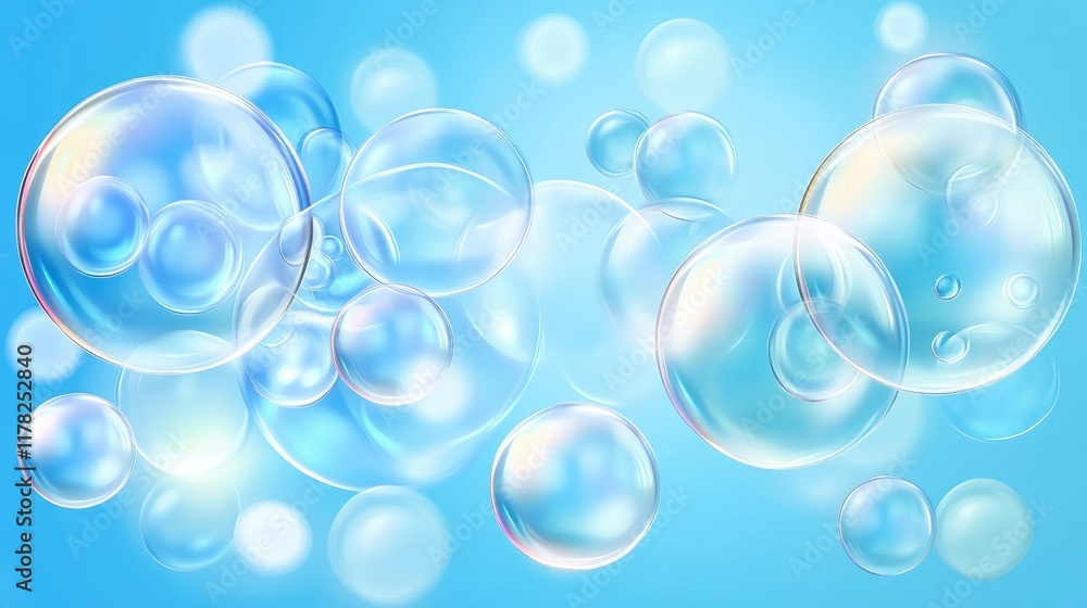 Poster Beautifully floating transparent soap bubbles on a light blue background, each capturing the soft reflections and light patterns of a calm day