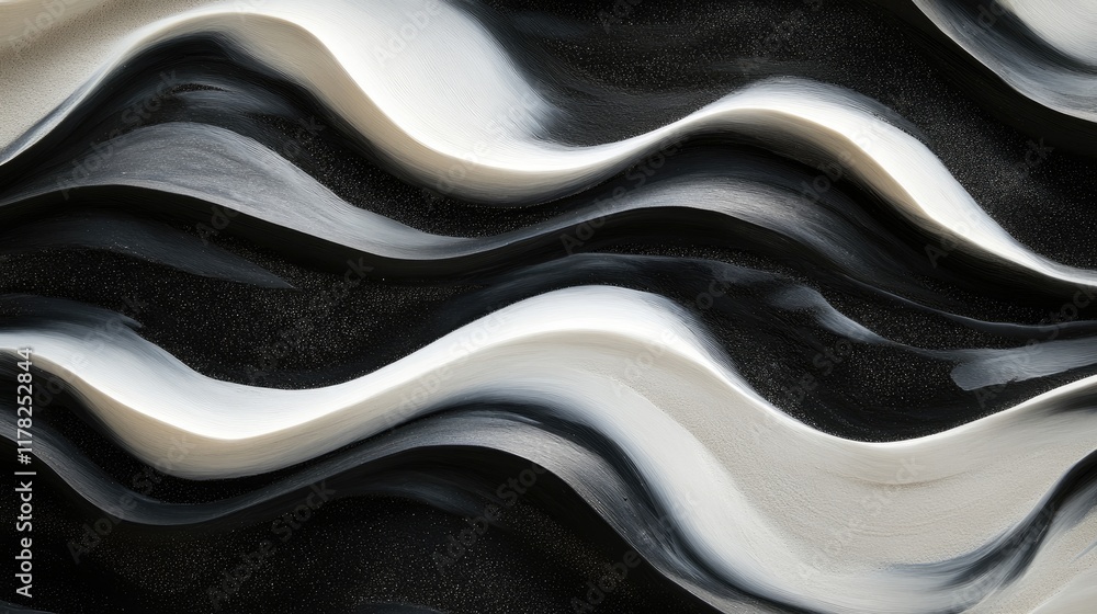 Aufkleber Black and white sand creating elegant, flowing abstract waves, forming intricate patterns that captivate the viewer with their simplicity and balance