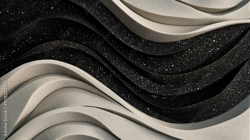 Aufkleber Black and white sand creating elegant, flowing abstract waves, forming intricate patterns that captivate the viewer with their simplicity and balance