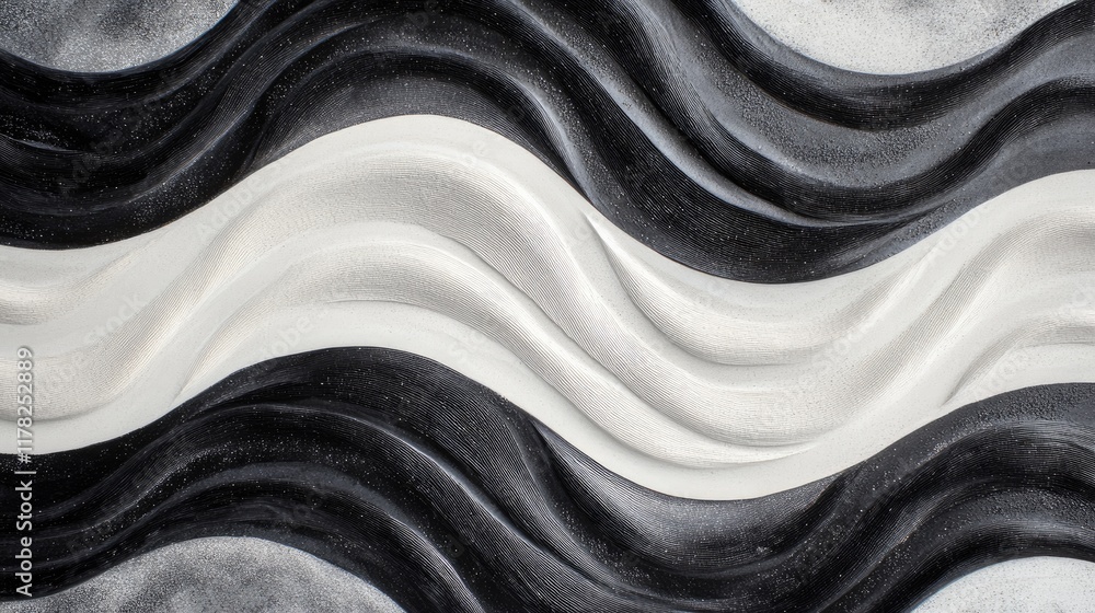 Poster Black and white sand creating elegant, flowing abstract waves, forming intricate patterns that captivate the viewer with their simplicity and balance