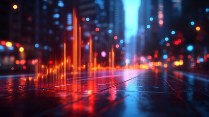 Illuminated transparent glass financial chart on a grid with a blank caption space on the side, blurred chaos in the background symbolizing uncertainty, progress, and financial strategy

