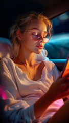 Fototapeta premium Young woman experiences emotional moment while reading in a car during late evening hours