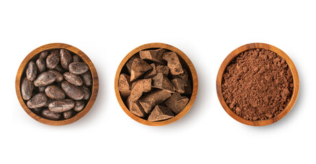 Cocoa beans, Cocoa mass, Cocoa powder in wooden bowl isolated on white background. Top view