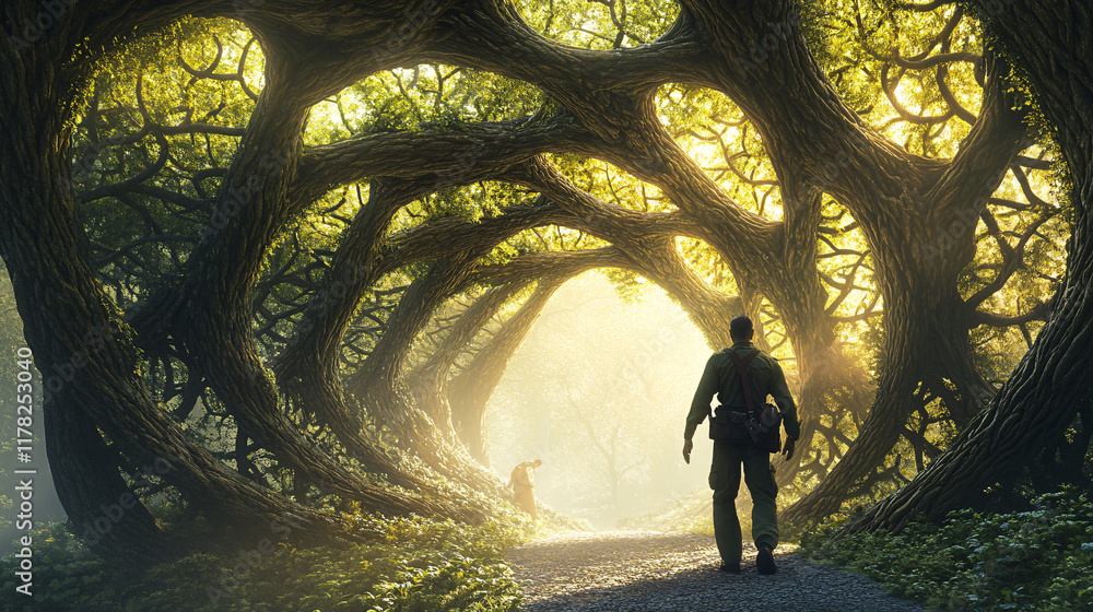 Poster a park ranger patrolling a forest to prevent illegal logging, with intricate tree designs symbolizin