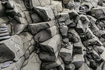 Close up of the basalt sea stacks  on Reynisfjara (also called Vik Beach), the Black Sand Beach in southern Iceland