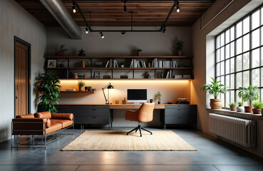 Stylish home office in converted garage. Sleek furniture, modern decor create functional workspace. Interior design emphasizes organization, chic industrial style. Plants add natural elements to