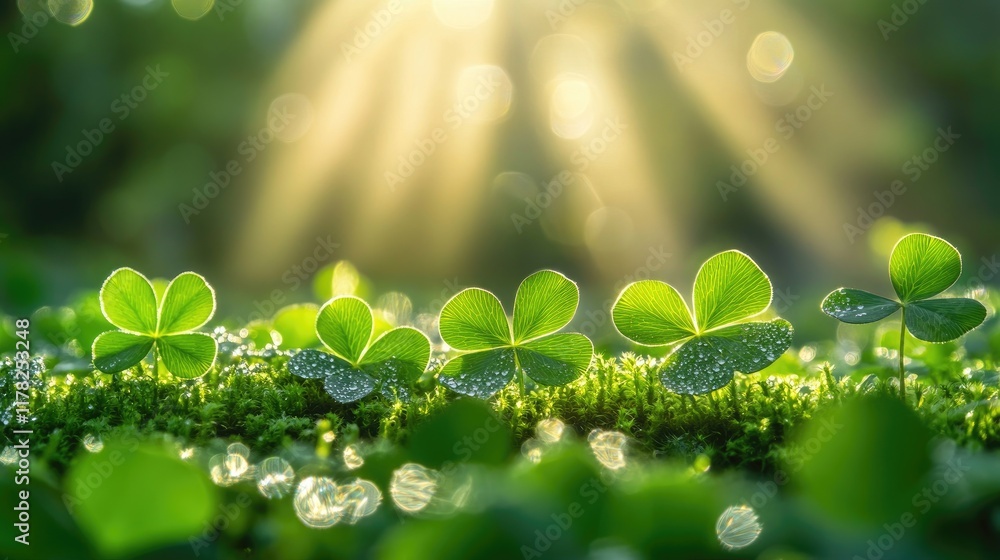 Poster Close-up of dew-kissed clover leaves resting on soft moss in a sunlit forest, creating a serene and refreshing woodland atmosphere in the heart of spring
