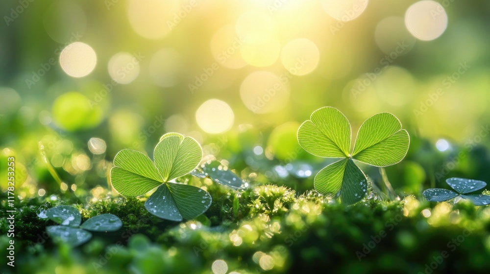 Aufkleber close-up of dew-kissed clover leaves resting on soft moss in a sunlit forest, creating a serene and 