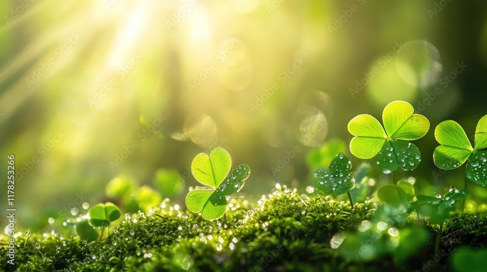 Poster Close-up of dew-kissed clover leaves resting on soft moss in a sunlit forest, creating a serene and refreshing woodland atmosphere in the heart of spring