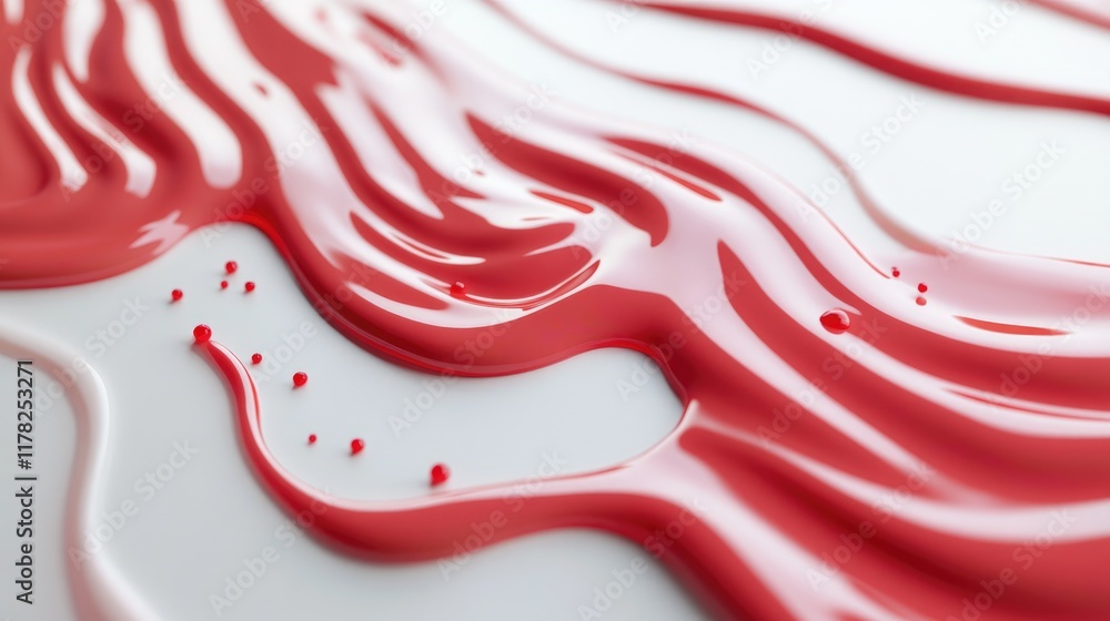 Poster Close-up of red paint droplets causing ripples on a smooth white surface, symbolizing the impact of creativity and expression in a clean and modern design
