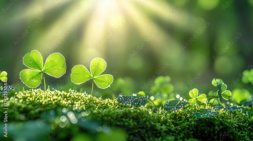 Poster Close-up of dew-kissed clover leaves resting on soft moss in a sunlit forest, creating a serene and refreshing woodland atmosphere in the heart of spring