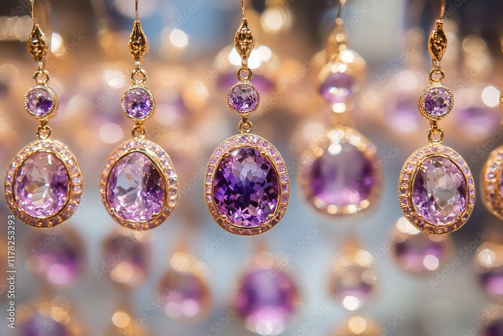 Poster close-up of several elegant amethyst earrings with gold settings hanging in a row.