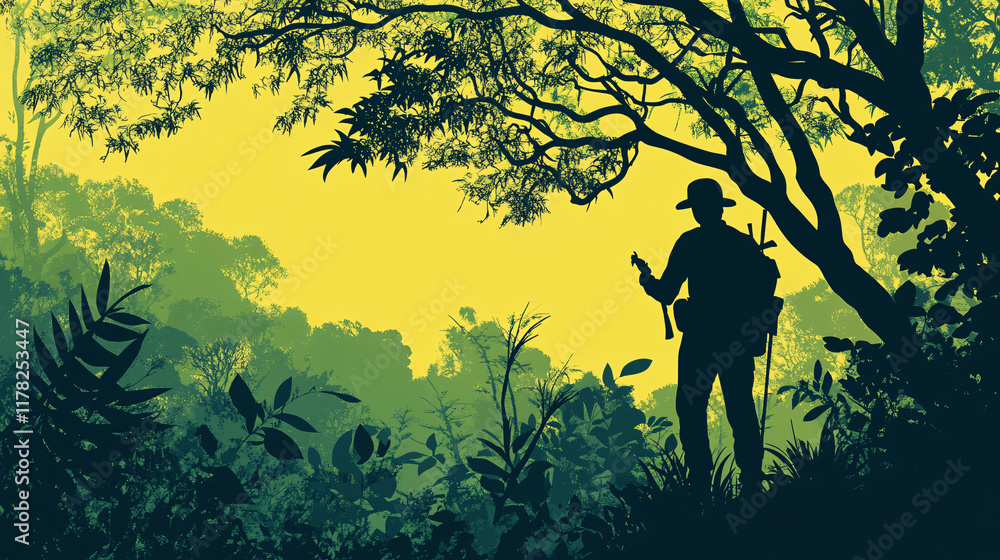 Poster a park ranger patrolling a forest to prevent illegal logging, with intricate tree designs symbolizin