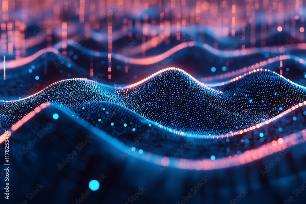 Poster abstract digital wave with glowing particles and lines.