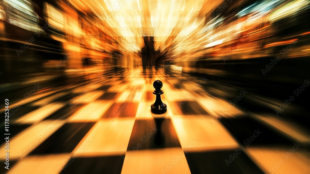 Poster a single black chess pawn stands on a blurred chessboard, symbolizing strategy and movement.