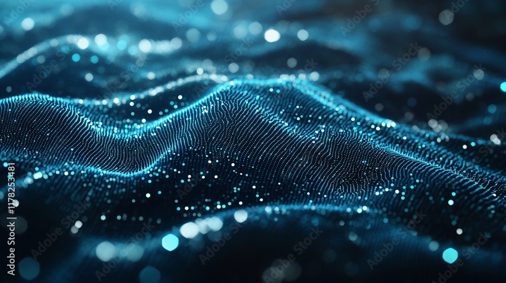Aufkleber abstract blue wave of particles, digital data flow, glowing background.