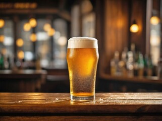 A tall pint glass filled with golden lager, topped with a frothy white head, sits on a wooden bar counter.
