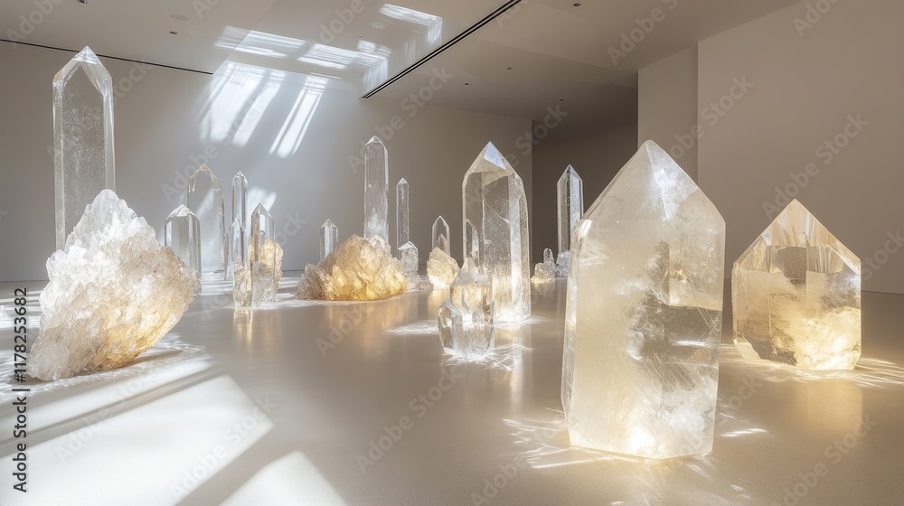 Poster Crystal art installations displayed in a minimalist gallery space, with natural light emphasizing their clarity and sparkling elegance