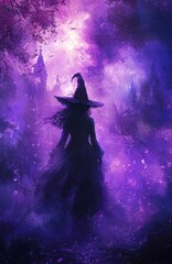 Mysterious Witch Walking in an Enchanted Forest at Night