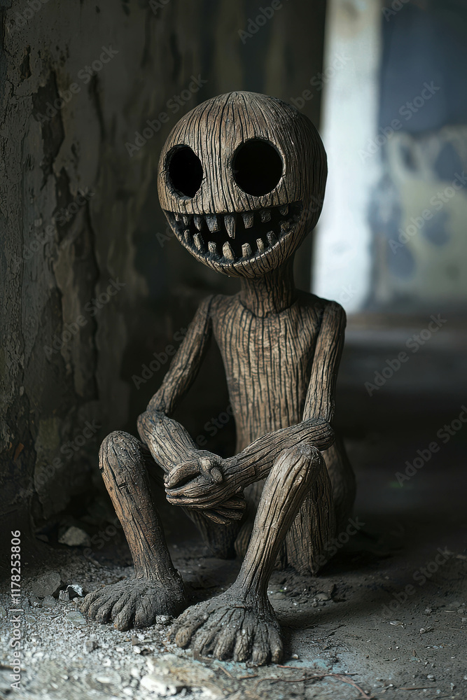 Poster twisted puppet art with sinister design in abandoned setting