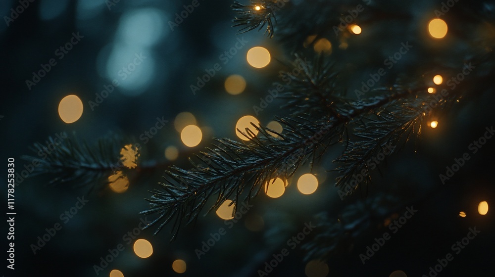 Poster close-up of pine branch with warm bokeh lights at night.