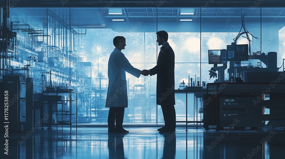Aufkleber two scientists shaking hands in a modern laboratory.