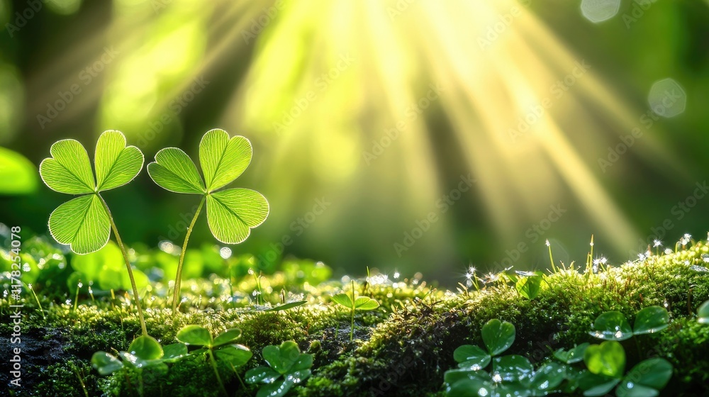 Aufkleber Dew-drenched clover leaves on soft moss, basking in the warm rays of sunlight streaming through a tranquil forest, creating a serene springtime scene