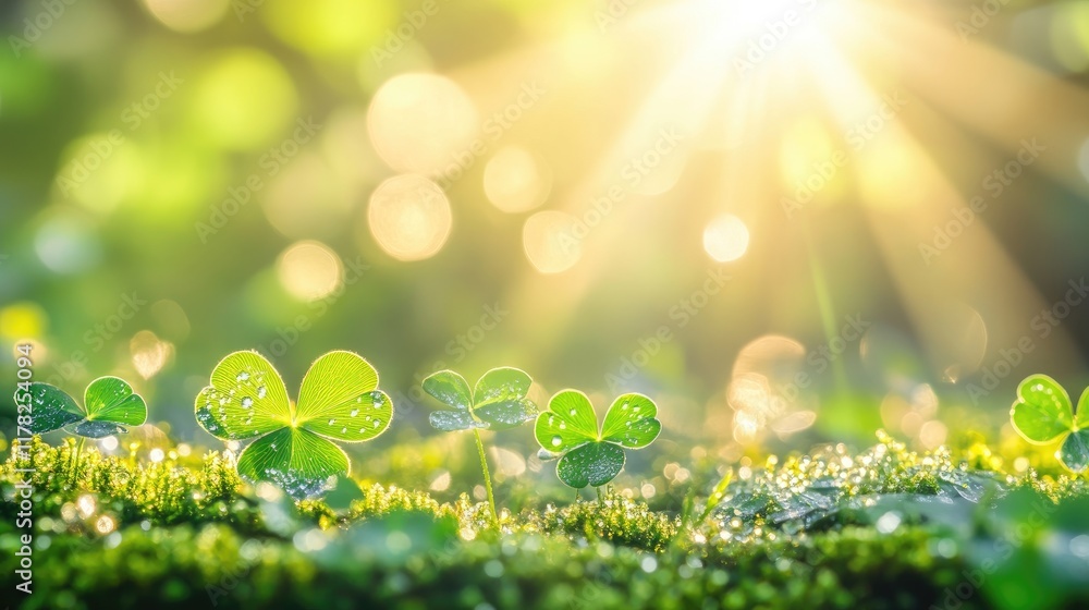 Aufkleber Dew-drenched clover leaves on soft moss, basking in the warm rays of sunlight streaming through a tranquil forest, creating a serene springtime scene