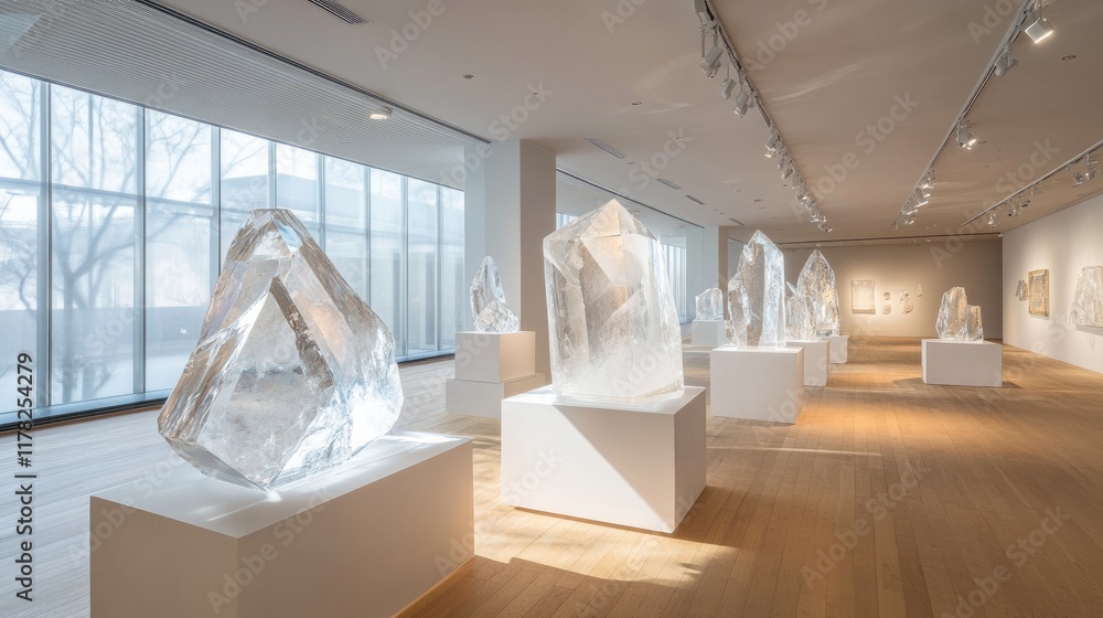 Poster Elegant crystal art pieces on display in a modern gallery, illuminated by natural light, creating an ethereal and sophisticated atmosphere