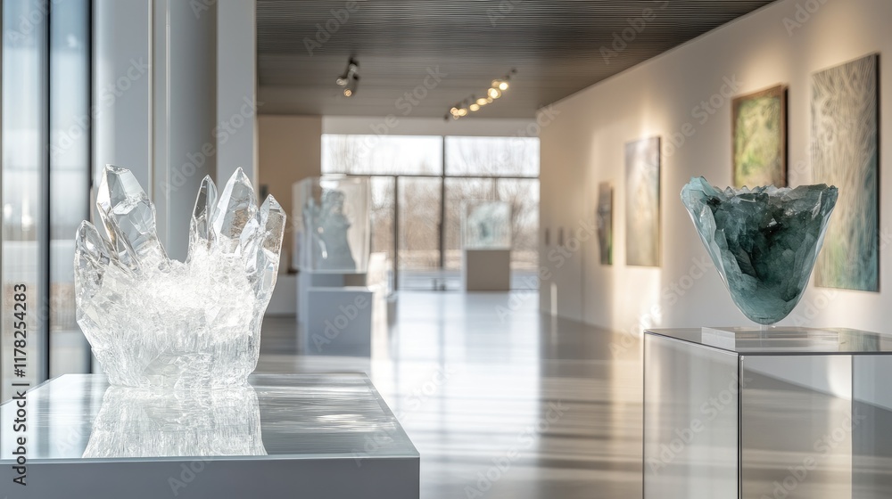 Aufkleber elegant crystal art pieces on display in a modern gallery, illuminated by natural light, creating an
