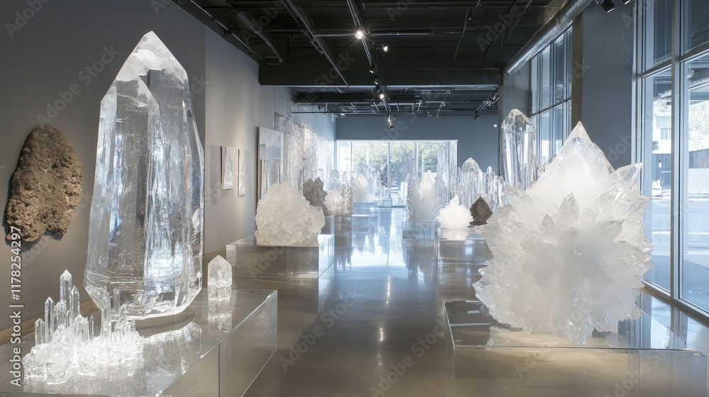 Aufkleber Elegant crystal art pieces on display in a modern gallery, illuminated by natural light, creating an ethereal and sophisticated atmosphere